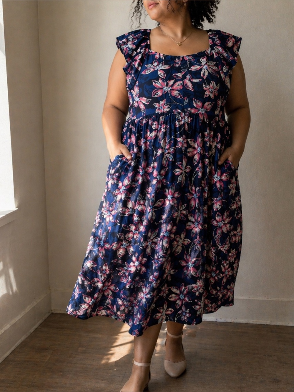 Lane Bryant Navy Pink Floral Midi Dress Ruffle Trim Pockets Size 26 Cottagecore